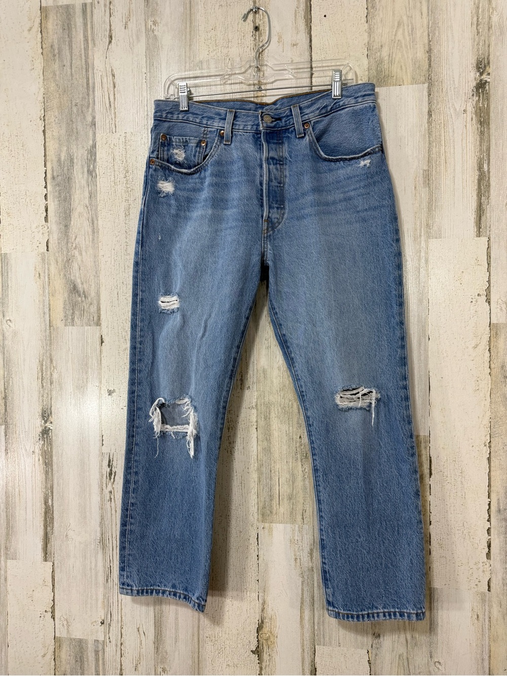 501 Button Fly Classic Levi's Straight-Leg Distressed Blue Jeans Short Length